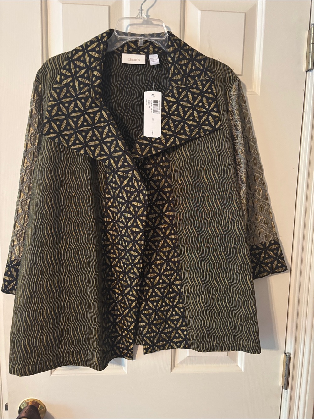 Chicos Olive and Black Patterned Open-Front Jacket